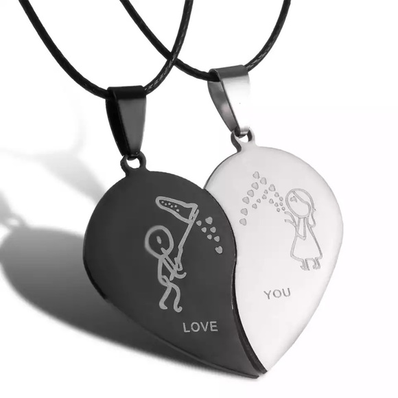 Jewelry - Couple Broken Heart Necklace Black Silver Color Boys Girls Choker